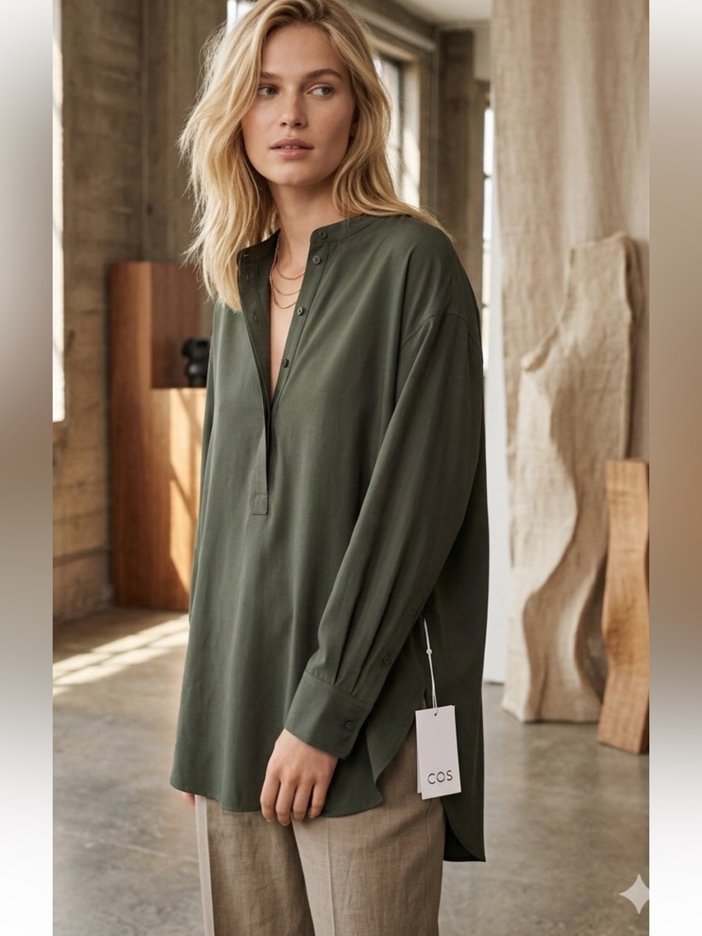 COS Oversized Grandad Collar Blouse Tunic Khaki Green NWT Size 8